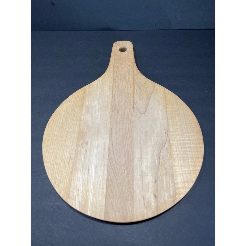 Vintage Southern Hardwood Round Wooden Cutting Board Paddle Handle 13.5 Inch